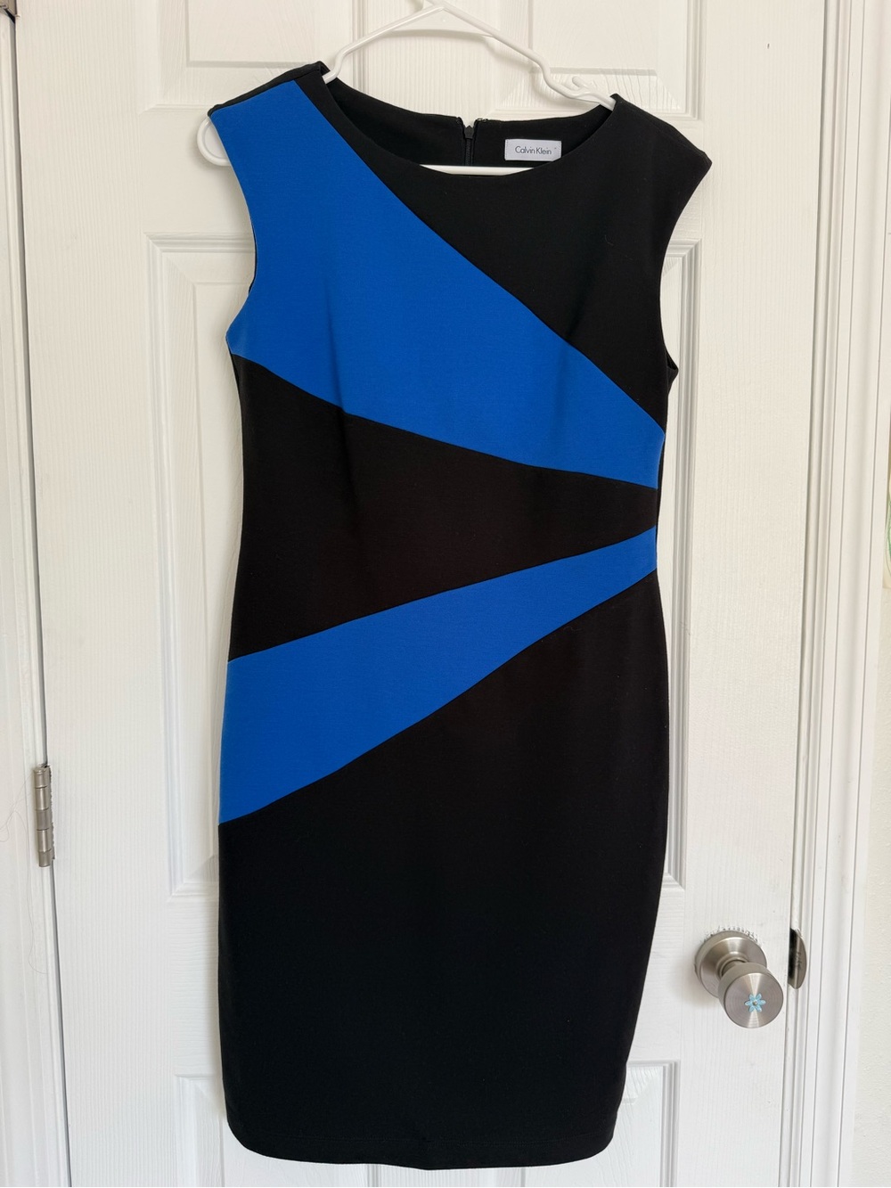 Calvin Klein Black with Royal Blue Diagonal Colorblock Sheath Dress